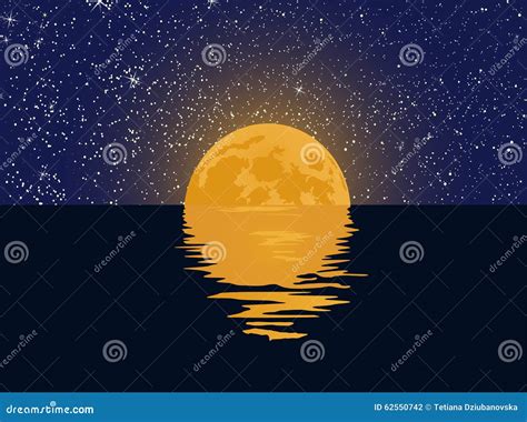 Starry Sky and Full Moon with Reflection in the Water. Stock Vector ...