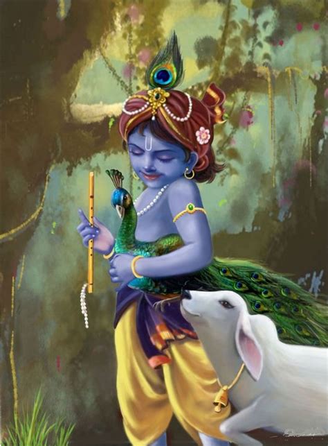 Krishna With Peacock And Cow Hand Painted Painting On Canvas (Without ...