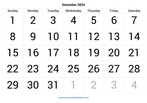 December 2024 Calendar Printable With Large Numbers