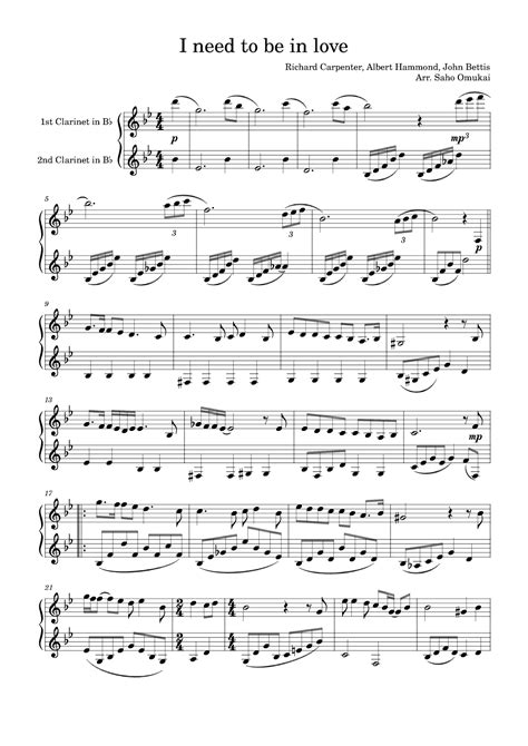 I Need To Be In Love (arr. Saho Omukai) by The Carpenters Sheet Music for Clarinet Duet at Sheet ...