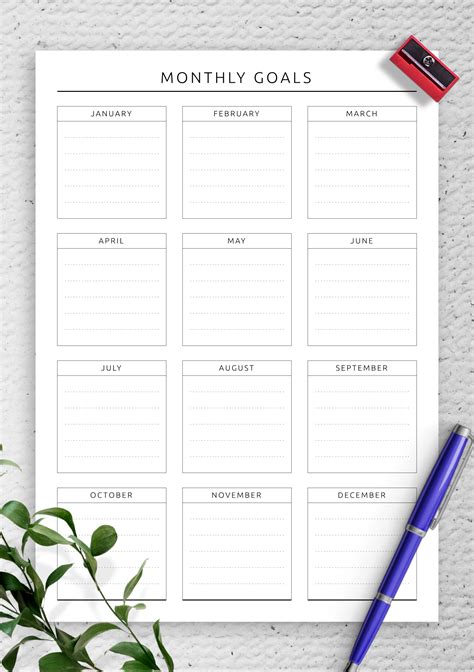 Simple goal setting template with 12 months on-page. Write down your ...