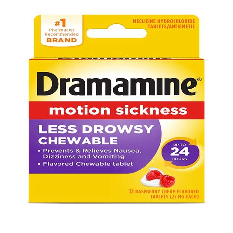 Dramamine All Day Less Drowsy Motion Sickness Relief, 12 Chewable Tablets, Raspberry Cream ...