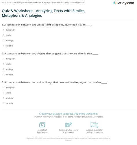 Quiz & Worksheet - Analyzing Texts with Similes, Metaphors & Analogies ...