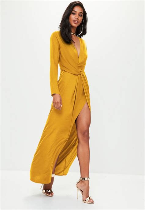 Mustard Yellow Wrap Front Maxi Dress | Missguided | Yellow long sleeve dress, Yellow evening ...