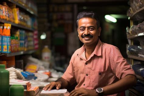 Portrait of Indian male small Kirana or grocery shop owner sitting at cash counter looking ...