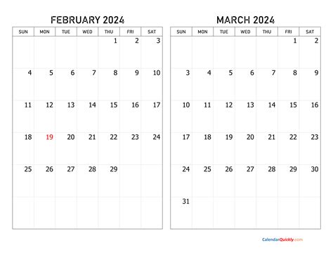 Calendar 2024 February March - Printable Templates Free