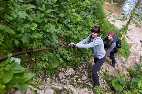 Premium Photo | Group of people hiking on a trail in the mountain forest