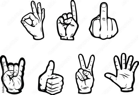 A set of 7 hand gestures. Simple Outline Icons no fill. Thumbs up victory palm middle finger one ...