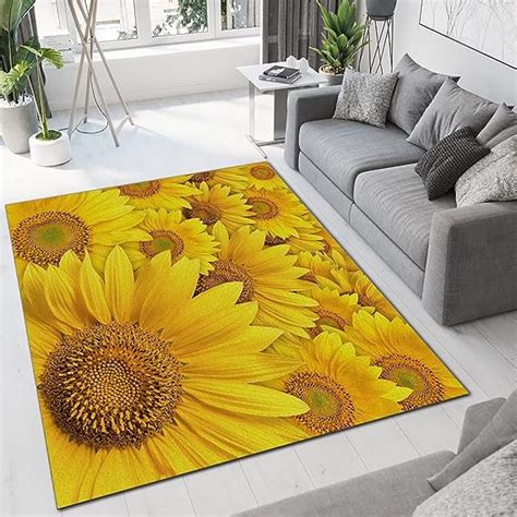 Yellow Sunflower Large Area Rugs, Modern Art Runner Rugs, Non-Slip Floor Throw Mat, Rectangle ...