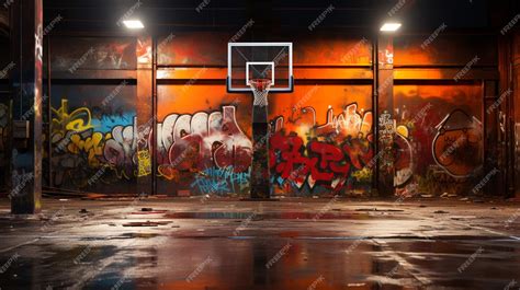 Graffiti covered basketball court with a basketball hoop in the middle ...