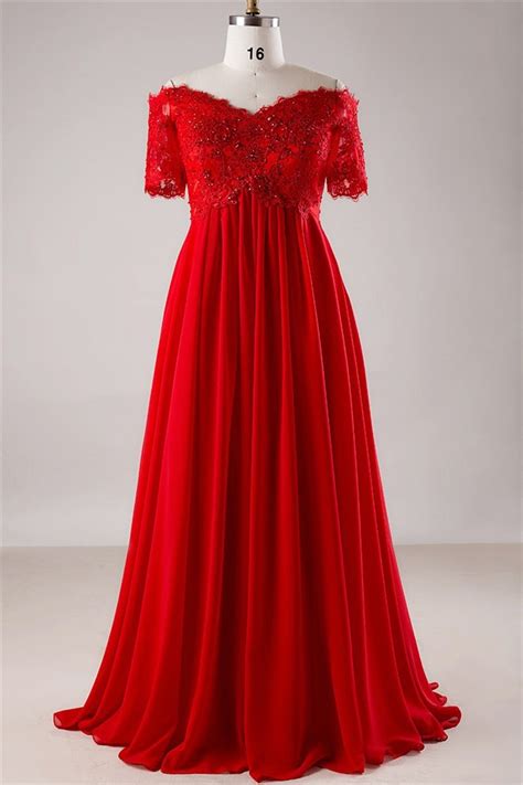 Off The Shoulder Empire Waist Lace Sleeve Red Chiffon Plus Size Prom Dress