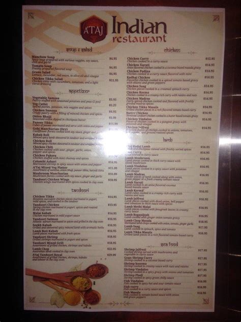 Menu at A'Taj Indian Restaurant, Kissimmee, Parkway Blvd