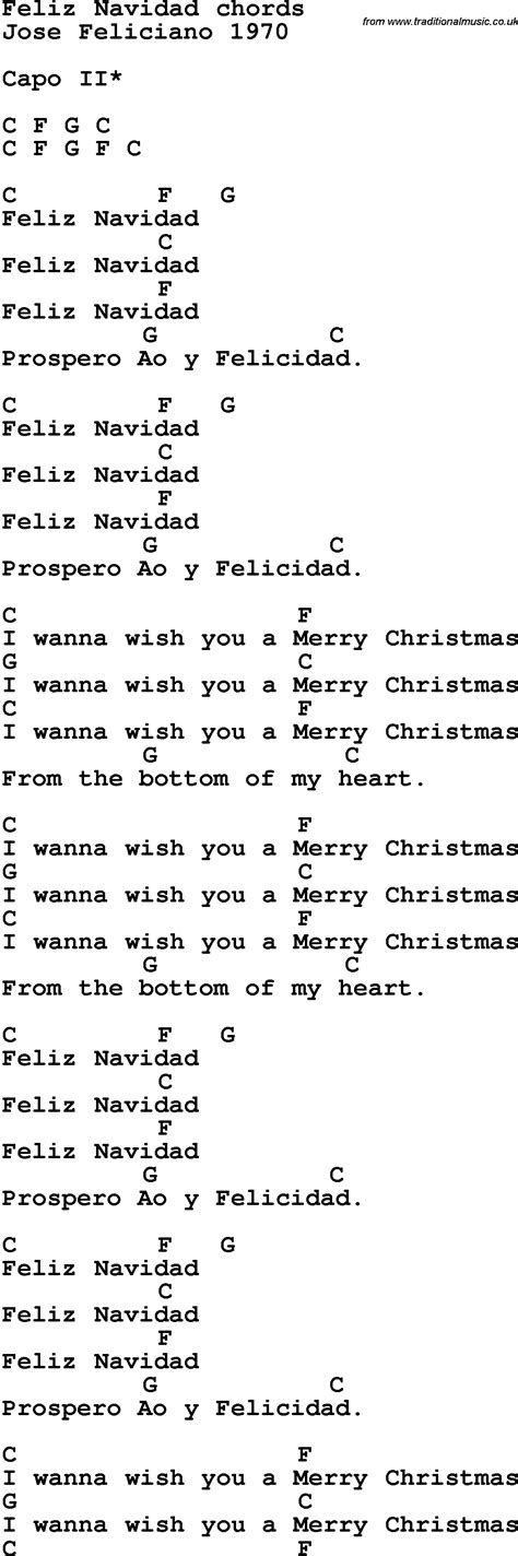 Song lyrics with guitar chords for Feliz Navidad