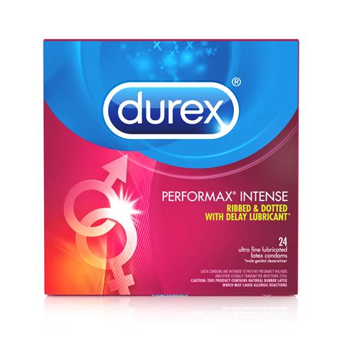 Durex Performax Intense Condoms, Ultra Fine, Ribbed, Dotted with Delay Lubricant Natural Rubber ...