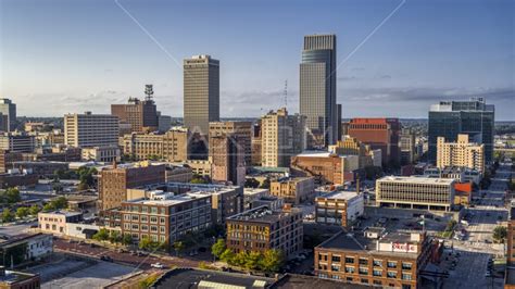 A view of the city's skyscrapers in Downtown Omaha, Nebraska Aerial Stock Photo DXP002_170_0005 ...