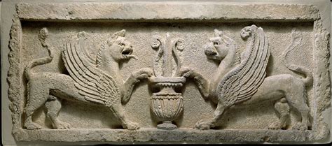 Door lintel with lion-griffins and vase with lotus leaf | Parthian | Parthian | The Metropolitan ...