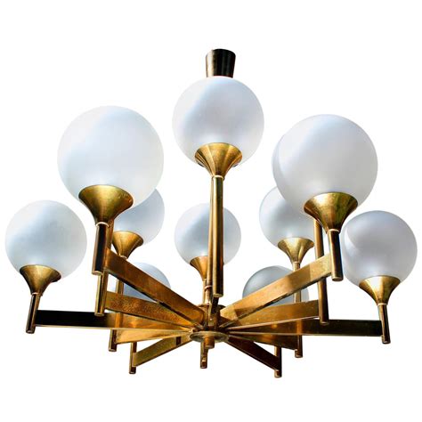 Beautiful Brass Chandelier With Frosted Glass Globes at 1stDibs