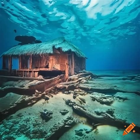 Maldives submerged underwater with scuba divers exploring huts and hotels on the sea bed on Craiyon