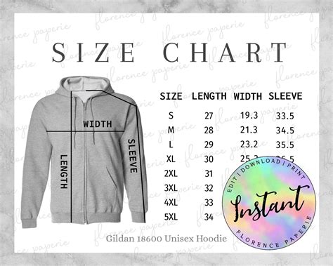 Gildan 18600 Hoodie Size Chart, Unisex Full Zip Hooded Sweatshirt, Downloadable, Printable, Mens ...