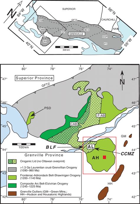 Location diagram showing the Grenville Province, extent of rocks known ...