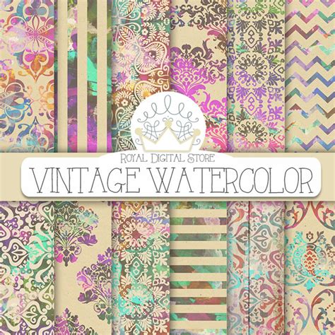 Watercolor Digital Paper: vintage Watercolor With Watercolor Damask Patterns, Vintage Background ...