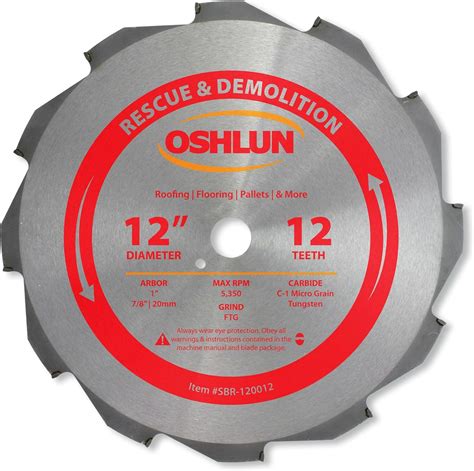 Oshlun SBR-120012 12-Inch 12 Tooth FTG Saw Blade with 1-Inch Arbor (7/8-Inch and 20mm Bushings ...