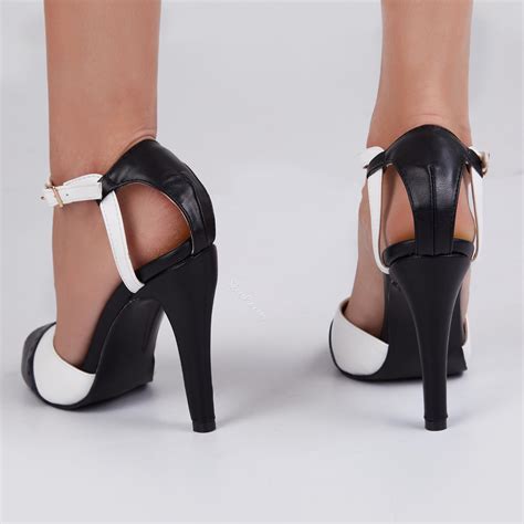 Shoespie Black and White Two Tone Patchwork T Strap Stiletto Heels ...