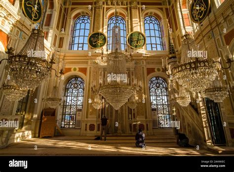 Interior design of Ortaköy Mosque, Ortaköy Camii, located at Bosporus, the continental boundary ...