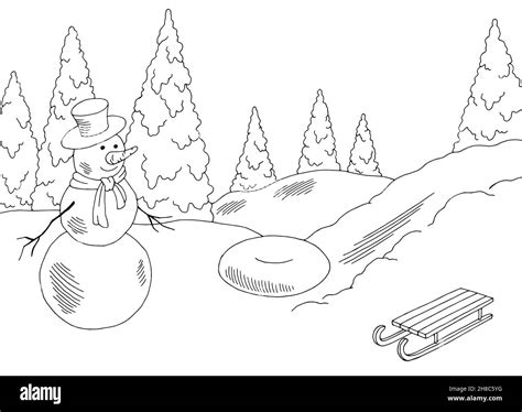 Playground winter graphic black white landscape sketch illustration ...