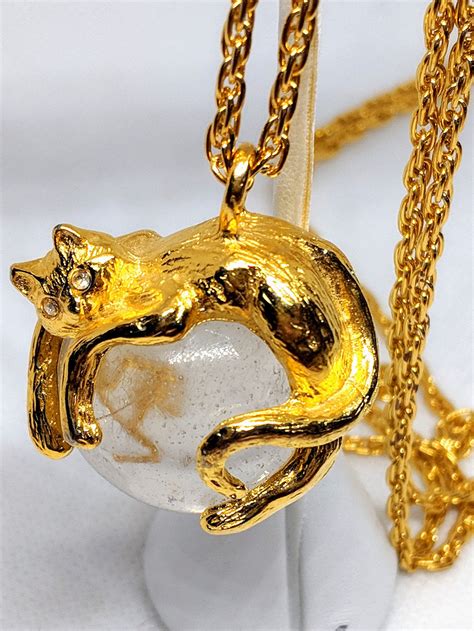 Gold Tone Cat Laying on a Crystal Ball Pendant Necklace Kitten - Etsy | Ball pendant, Women ...