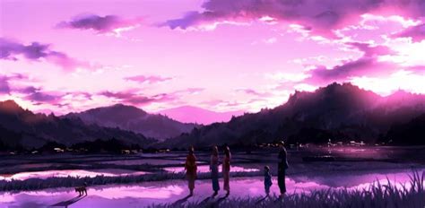 original, Anime, Landscape, Sunset, Sky, Cloud, Beautiful, Pink, Group, Family, Girls, Kimono ...