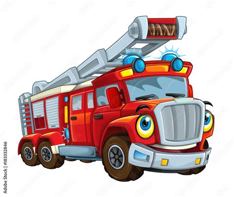 Cartoon happy and funny cartoon fire fireman bus looking and smiling - illustration for children ...