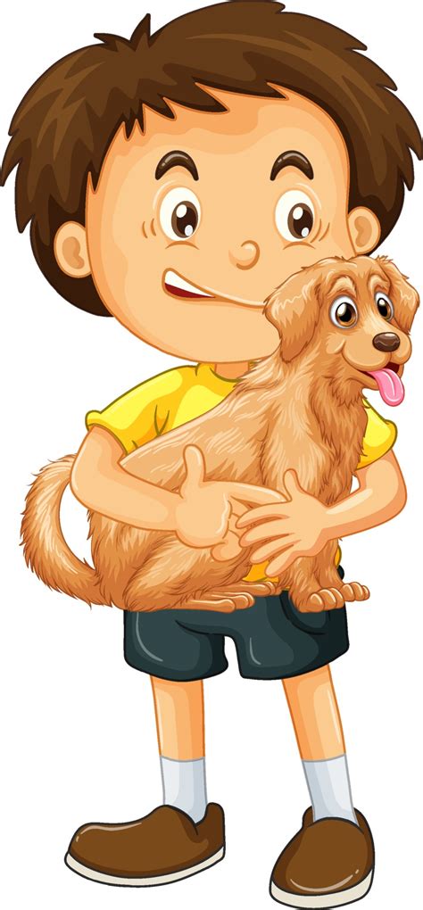 A boy holding cute dog cartoon character isolated on white background ...