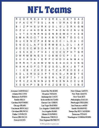 NFL Teams Word Search