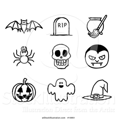 Vector Illustration of Black and White Watercolor Styled Halloween ...