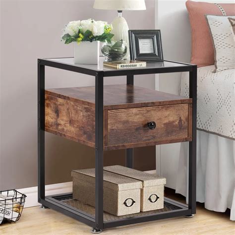 Malvina 1 - Drawer Nightstand | Glass bedside table, Side table with storage, Rustic wooden shelves