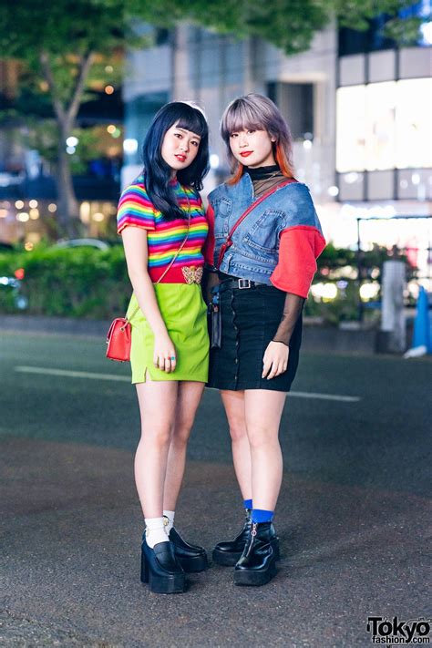 Tokyo Beauty School Students in Rainbow Top, Denim Vest, Mini Skirts, Platform Boots, Volcan ...