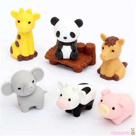 cute erasers with panda, giraffe, horse, cow, pig, elephant and bench ...