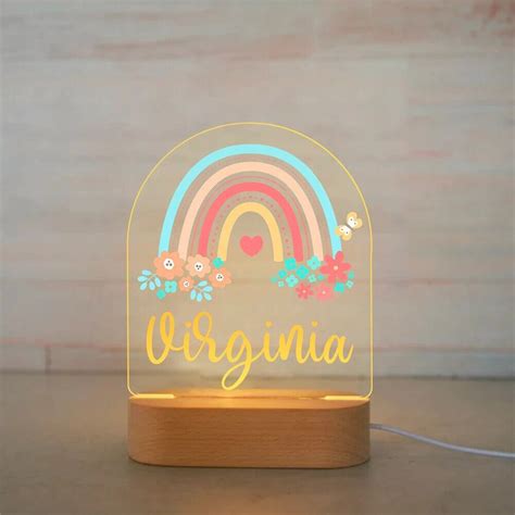 Night Light Rainbow Unicorn LED USB Night Light Custom Nursery Name Acrylic Lamp Wood Base for ...