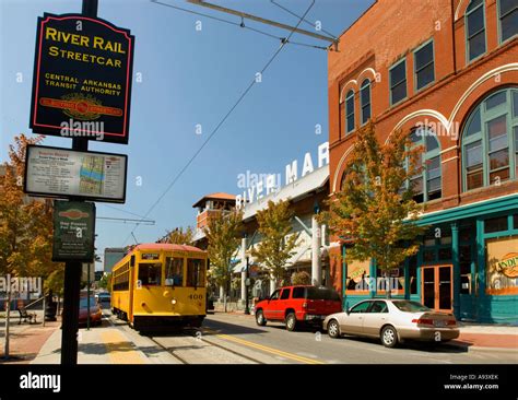 Trolley in River Market District popular tourist area in Little Rock ...