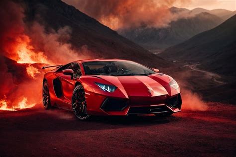 Premium Photo | Red Lamborghini Aventador on fire mountains in hell ...