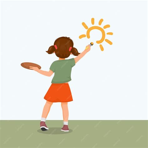 Premium Vector | Back view of cute little girl artist holding paintbrush and palette painting on ...