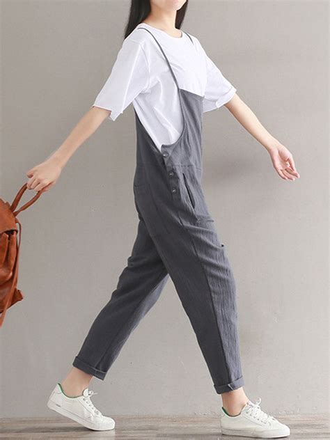 Casual Strap Sleeveless Pockets Baggy Simple Jumpsuits Overalls ...