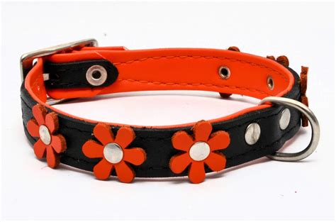 Leather Dog Puppy Collar Daisy FLOWER Decorated Colorful Handmade Pet ...