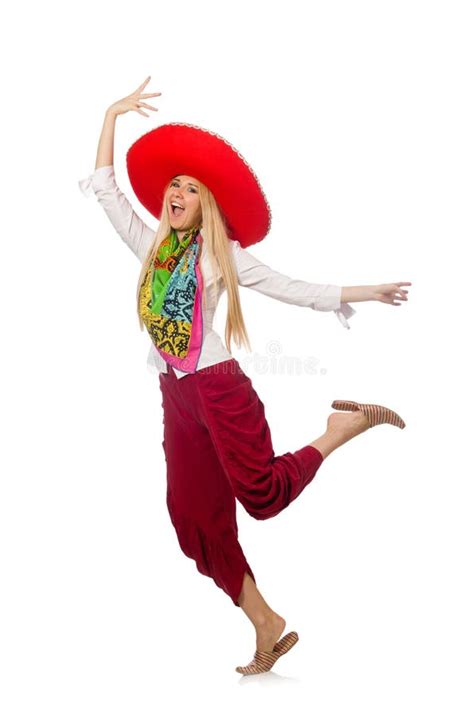 The Mexican Girl with Sombrero Dancing on White Stock Image - Image of ...