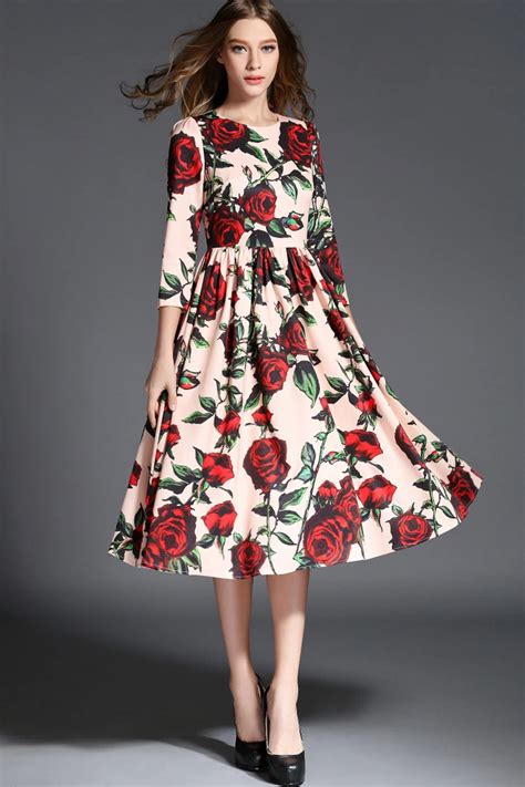 Autumn New floral print dresses white red rose retro vintage large sizes UK dress-in Dresses ...