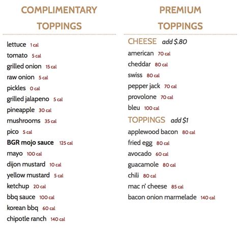 BGR Sugar House menu - burger toppings - SLC menu