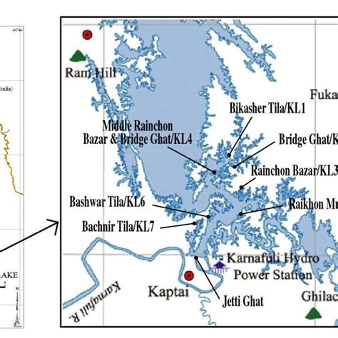 Map of Kaptai lake and the sampling locations (Source: Banglapedia ...