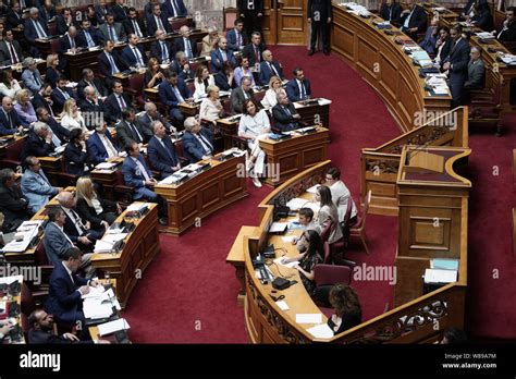 Athens, Greece. 8th Aug, 2019. Members of the Greek Parliament listen to the speech of Greek ...