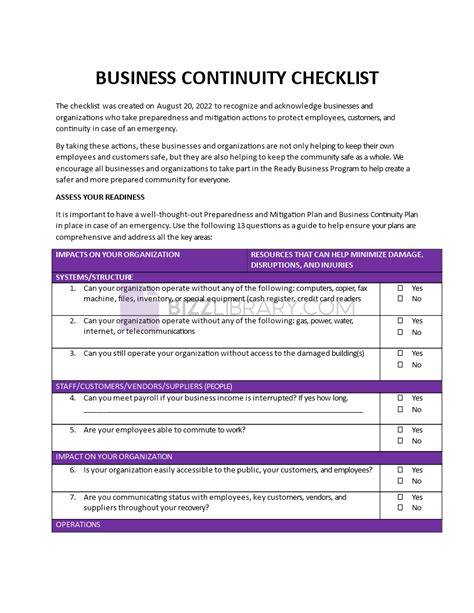 Business Continuity Checklist template